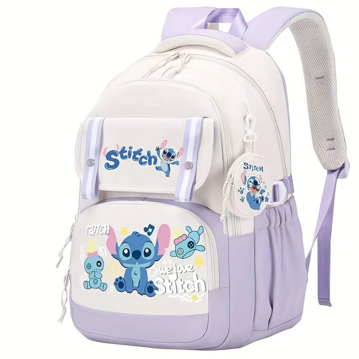 Sac à dos scolaire enfant coloré, grande capacité, design animé, compartiments multiples, confortable, bleu et blanc.