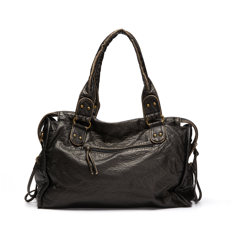 "Sac à main noir chic avec finitions dorées, bandoulière réglable et poches multiples pour une organisation élégante."