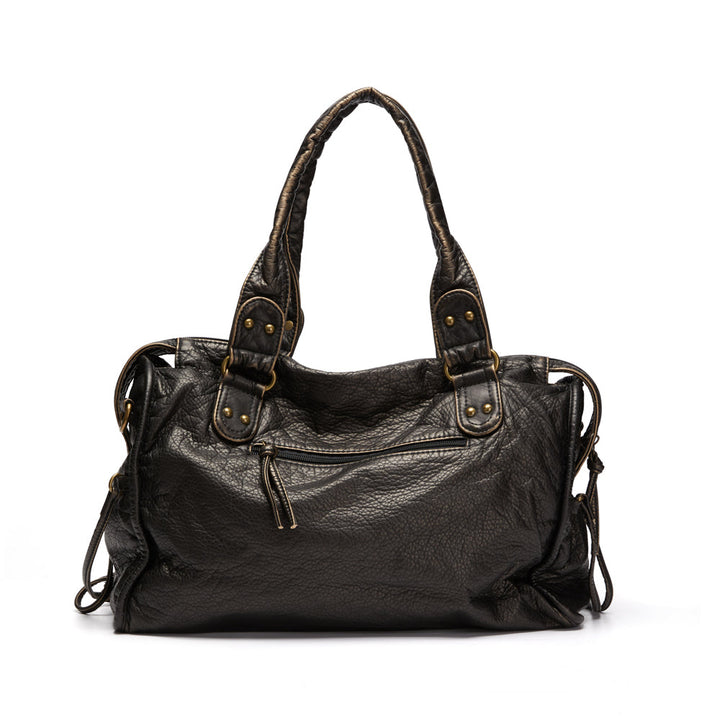 "Sac à main noir chic avec finitions dorées, bandoulière réglable et poches multiples pour une organisation élégante."