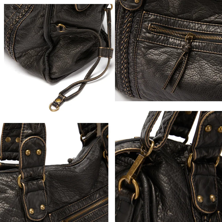 "Sac à main noir chic avec finitions dorées, bandoulière réglable et poches multiples pour une organisation élégante."