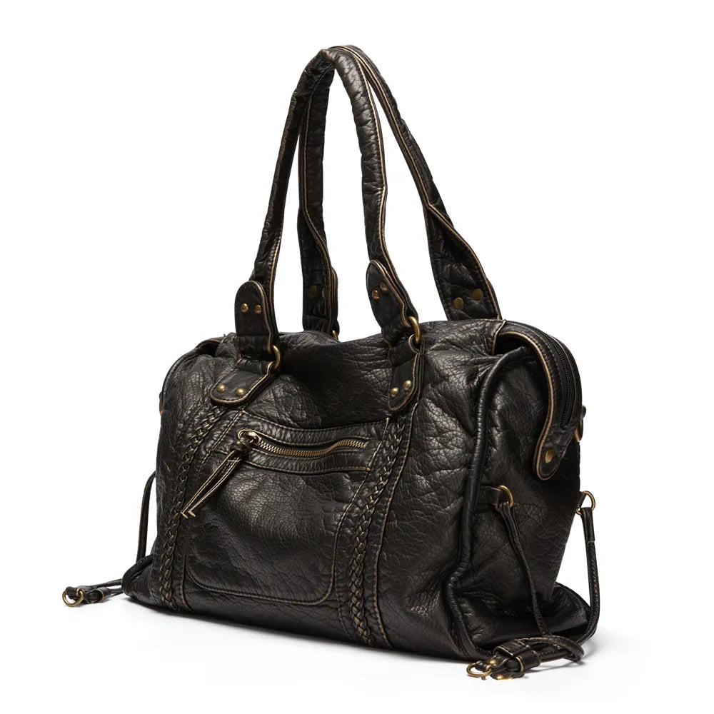 "Sac à main noir chic avec finitions dorées, bandoulière réglable et poches multiples pour une organisation élégante."