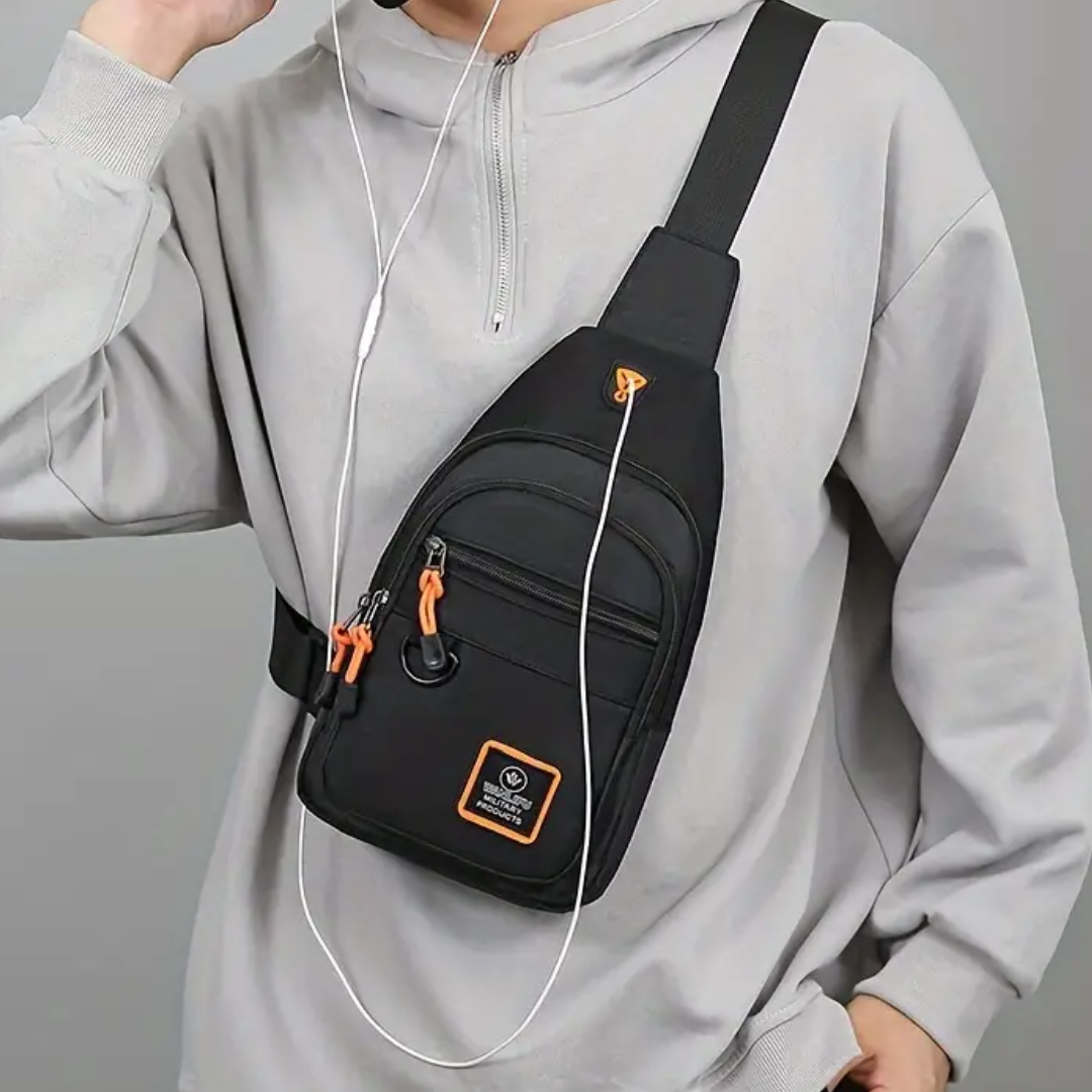 "Sac bandoulière homme en nylon noir, élégant et pratique, avec bandoulière ajustable et compartiments multifonctionnels."
