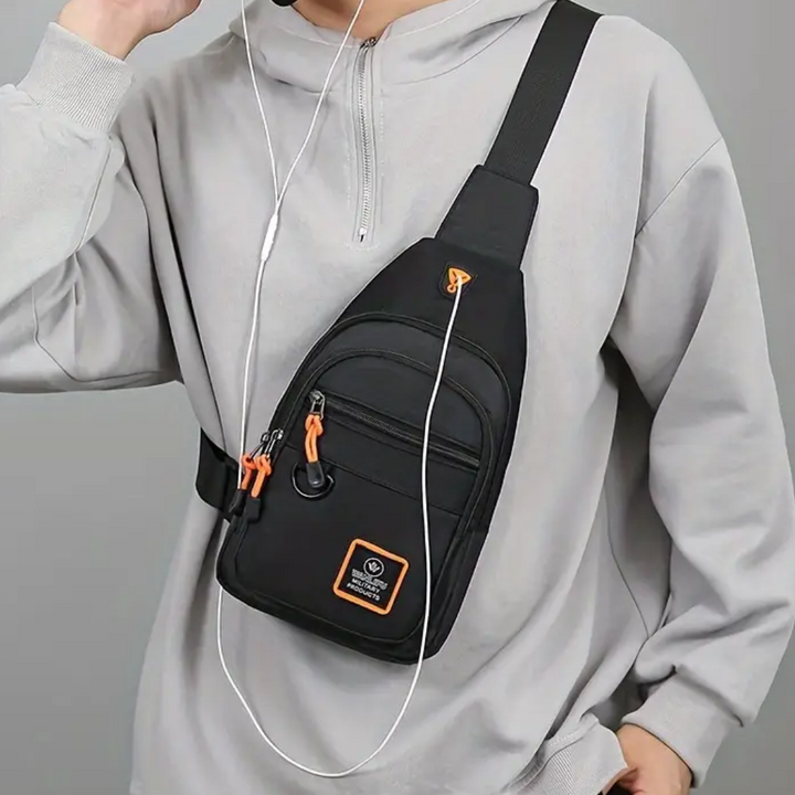 "Sac bandoulière homme en nylon noir, élégant et pratique, avec bandoulière ajustable et compartiments multifonctionnels."