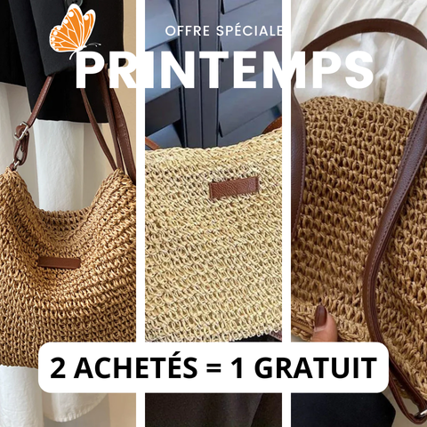 "Sac bandoulière Léandre en paille premium avec finitions cuir végan, bandoulière ajustable et fermeture éclair sécurisée."