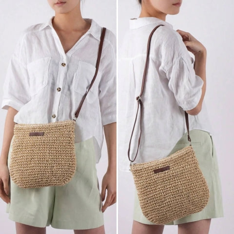 "Sac bandoulière Léandre en paille premium avec finitions cuir végan, bandoulière ajustable et fermeture éclair sécurisée."