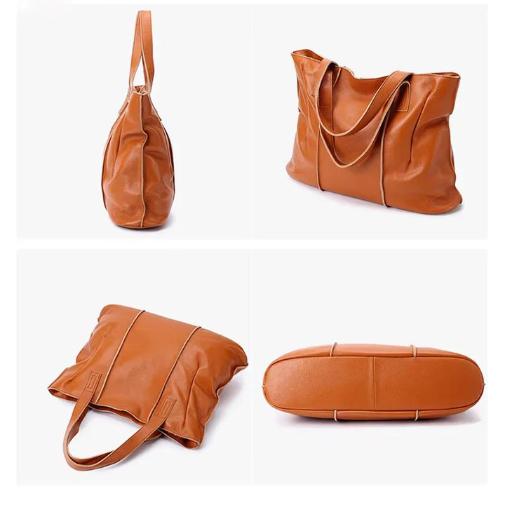 Sac cabas grand format en cuir souple camel avec fermeture zippée, idéal pour femme moderne et élégante.