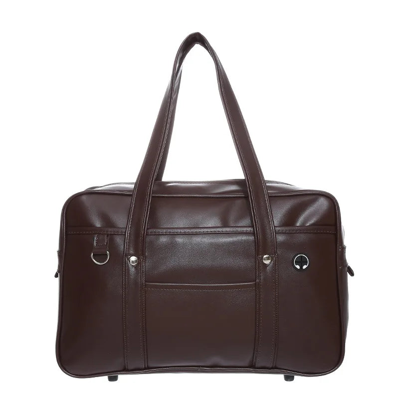 Sac cabas stylé pour lycéennes, cuir PU noir, spacieux, avec compartiment ordinateur portable et poches pratiques.