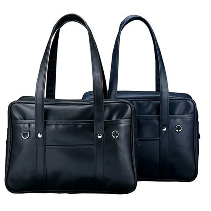 Sac cabas stylé pour lycéennes, cuir PU noir, spacieux, avec compartiment ordinateur portable et poches pratiques.