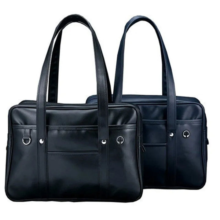Sac cabas stylé pour lycéennes, cuir PU noir, spacieux, avec compartiment ordinateur portable et poches pratiques.