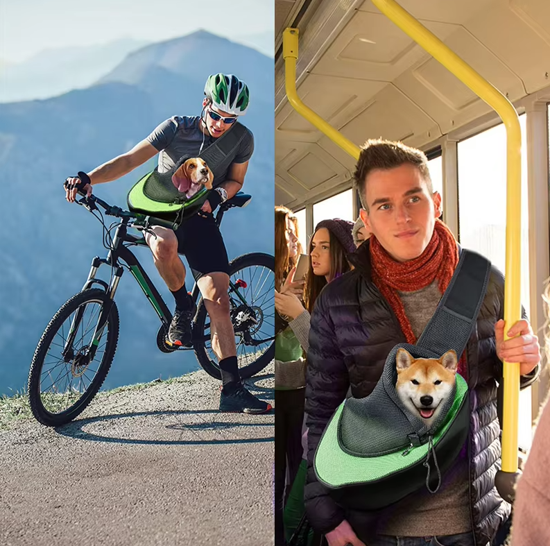 "Sac de transport pour chien, respirant, bandoulière rembourrée, gris, pratique et léger, confort et sécurité."