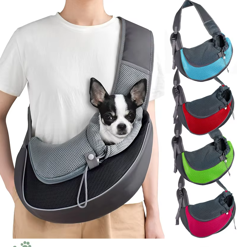"Sac de transport pour chien, respirant, bandoulière rembourrée, gris, pratique et léger, confort et sécurité."