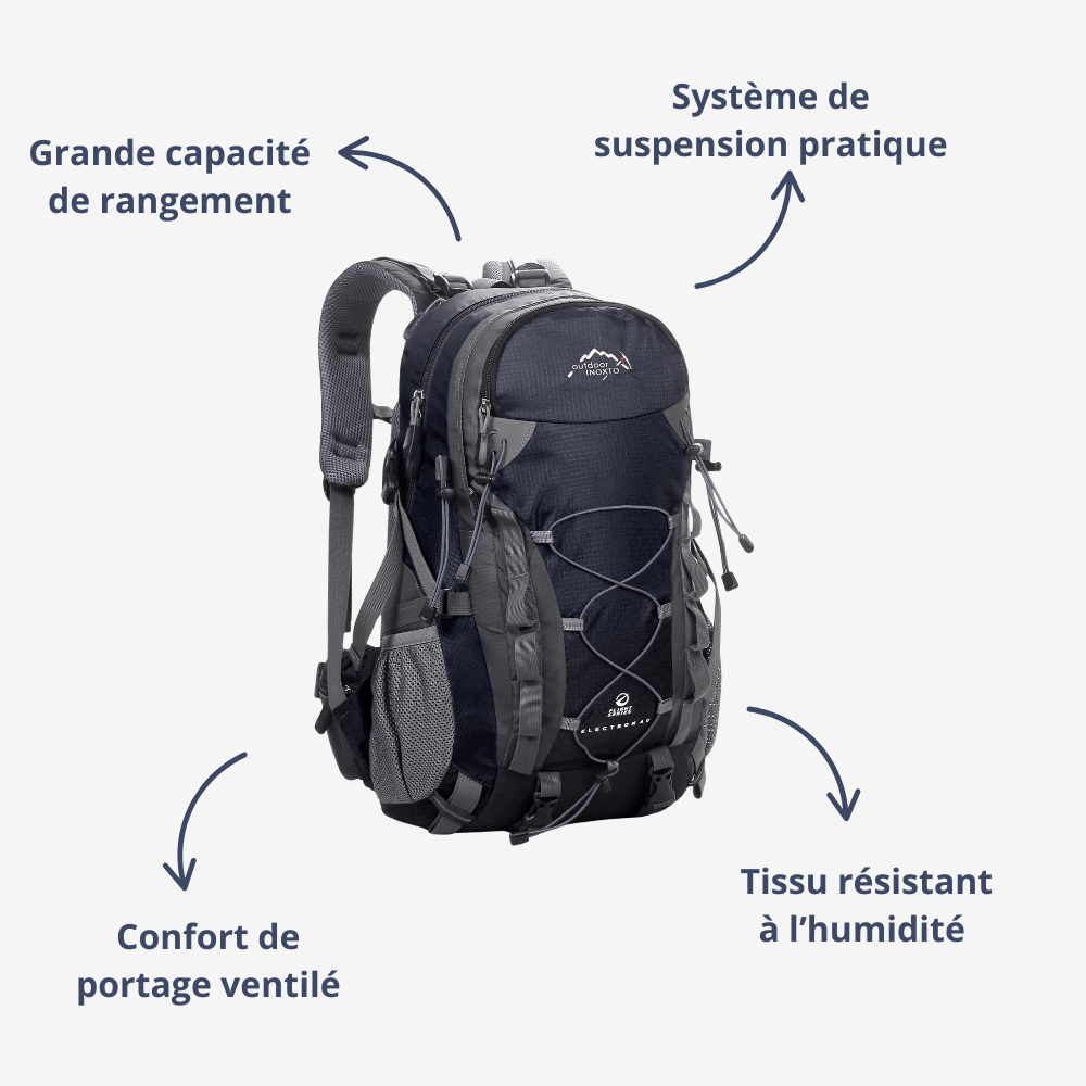 Sac de trekking 40L bleu, dos ventilé, bretelles ajustables, idéal randonnée, capacité généreuse, design ergonomique.