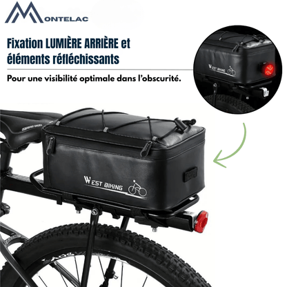"Sacoche de vélo imperméable, grande capacité, avec poches multiples et éléments réfléchissants pour plus de sécurité."