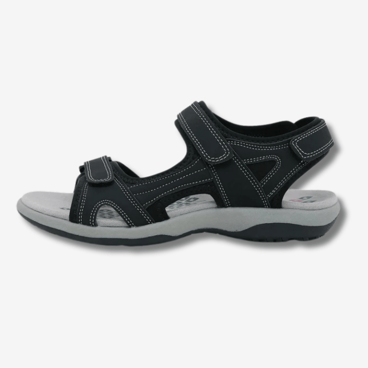 Sandales confort femme, scratch ajustable, semelle antidérapante caoutchouc, tige respirante design moderne, vue de profil.