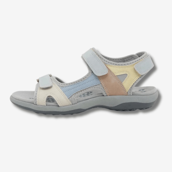 Sandales confort femme, scratch ajustable, semelle antidérapante caoutchouc, tige respirante design moderne, vue de profil.