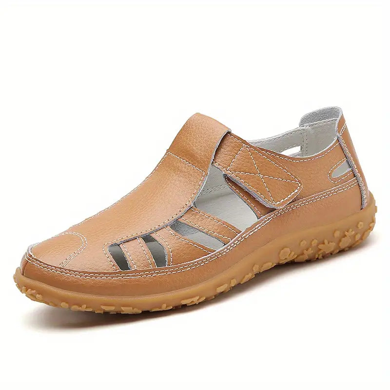 "Sandales d'été pour femmes en cuir, modernes et confortables, avec fermeture à scratch et semelle antidérapante."