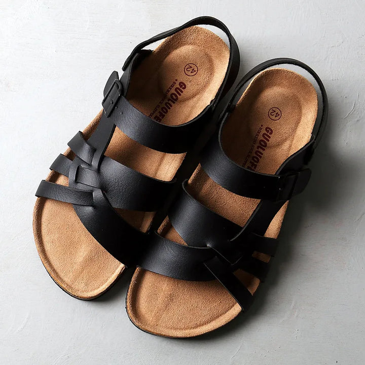 "Sandales en cuir chic et confortables avec semelle ortho-coussinée, disponibles en plusieurs couleurs pour homme et femme."