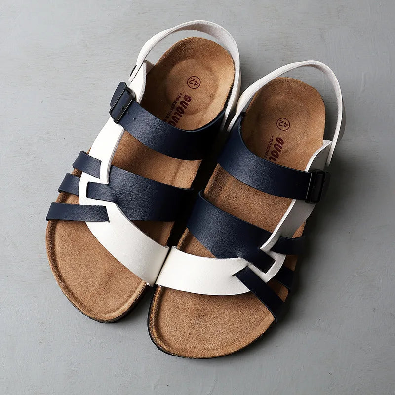 "Sandales en cuir chic et confortables avec semelle ortho-coussinée, disponibles en plusieurs couleurs pour homme et femme."