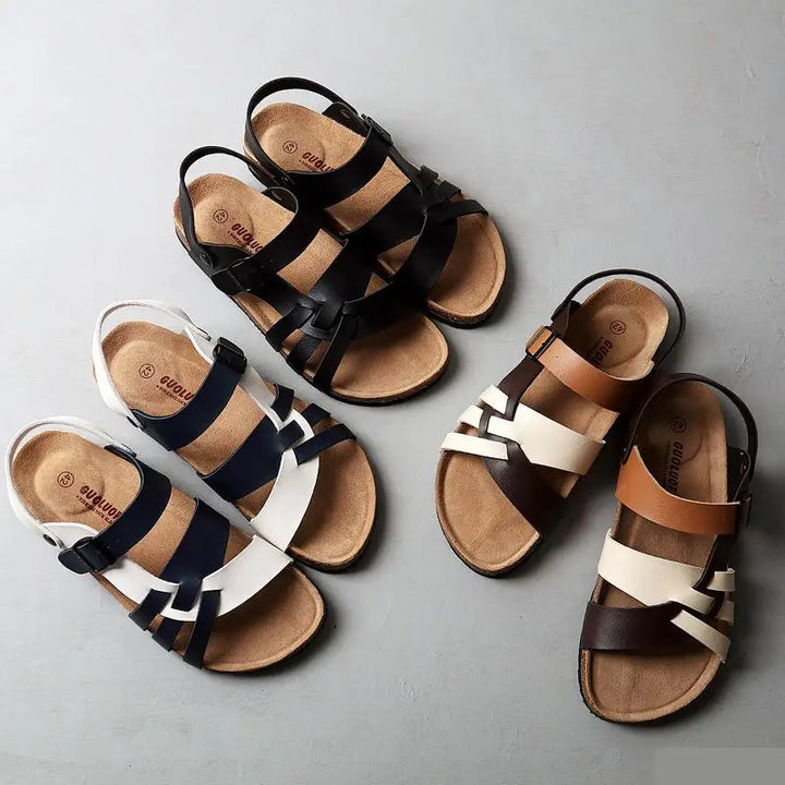 "Sandales en cuir chic et confortables avec semelle ortho-coussinée, disponibles en plusieurs couleurs pour homme et femme."