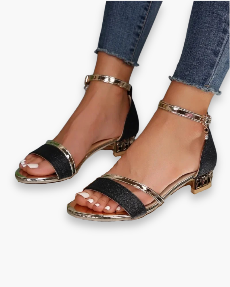 "Sandales femmes élégantes été, lanières ajustables, talon stable, or, noir, argent, confort chic style sophistiqué."