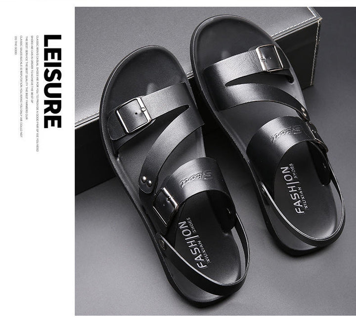 "Sandales homme en cuir avec boucle, vue de face, style décontracté-chic idéal pour l'été, confort et élégance."