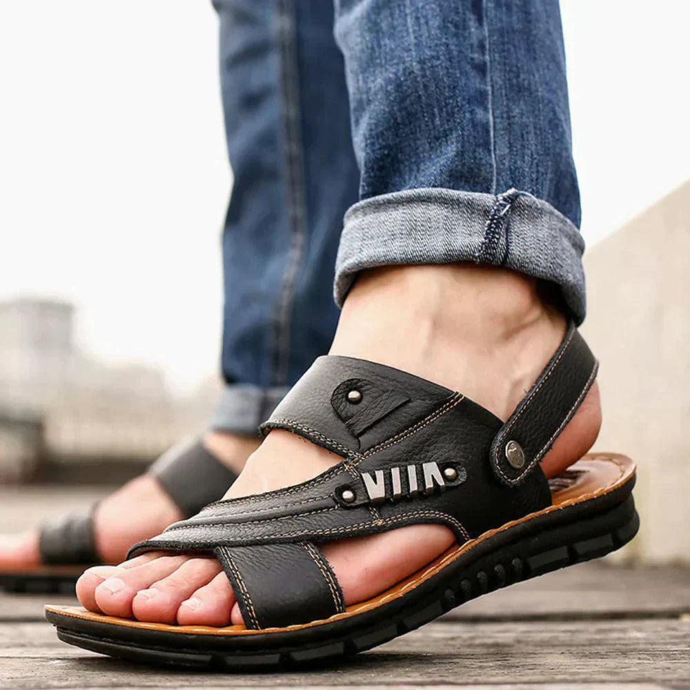 "Sandales hommes cuir véritable, confort orthopédique, design ergonomique, style classique, semelle antidérapante."