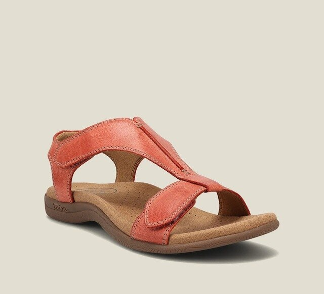 "Sandales orthopédiques femme élégantes en noir, rouge ou beige avec fermetures ajustables et semelle antidérapante."