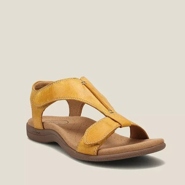 "Sandales orthopédiques femme élégantes en noir, rouge ou beige avec fermetures ajustables et semelle antidérapante."