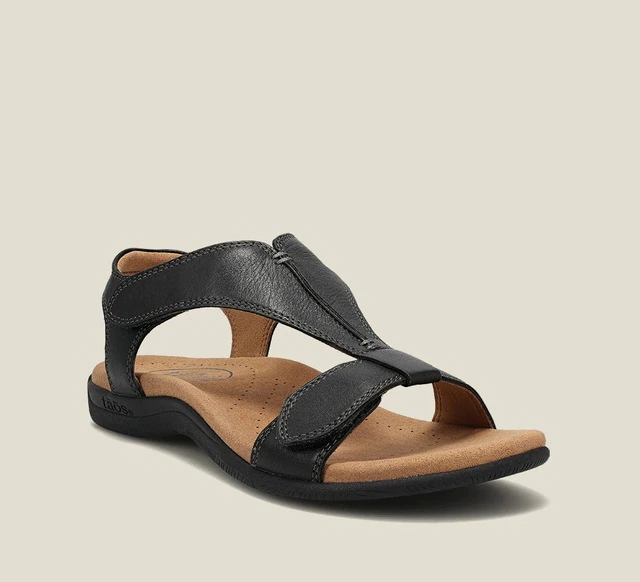 "Sandales orthopédiques femme élégantes en noir, rouge ou beige avec fermetures ajustables et semelle antidérapante."