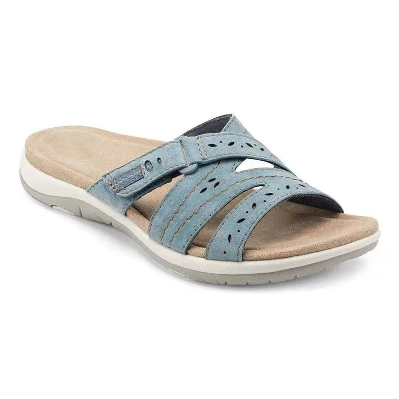 Sandales orthopédiques femme en cuir suédé bleu, confort optimal, soutien plantaire, doublure matelassée.