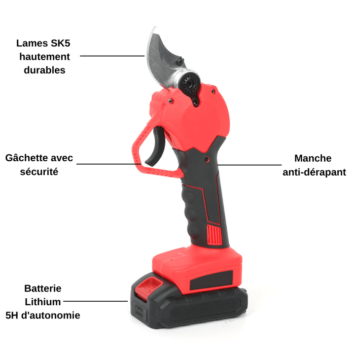 "Sécateur électrique sans fil avec lame en acier, ergonomique, batterie incluse pour jardinage efficace et sans effort."