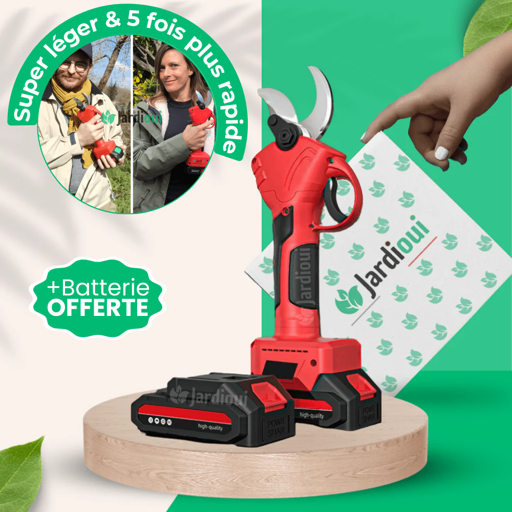 "Sécateur électrique sans fil avec lame en acier, ergonomique, batterie incluse pour jardinage efficace et sans effort."