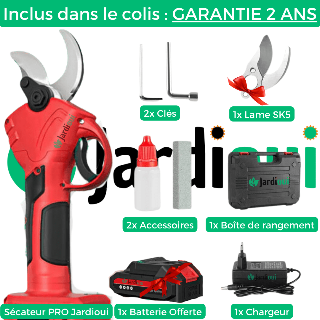 "Sécateur électrique sans fil avec lame en acier, ergonomique, batterie incluse pour jardinage efficace et sans effort."