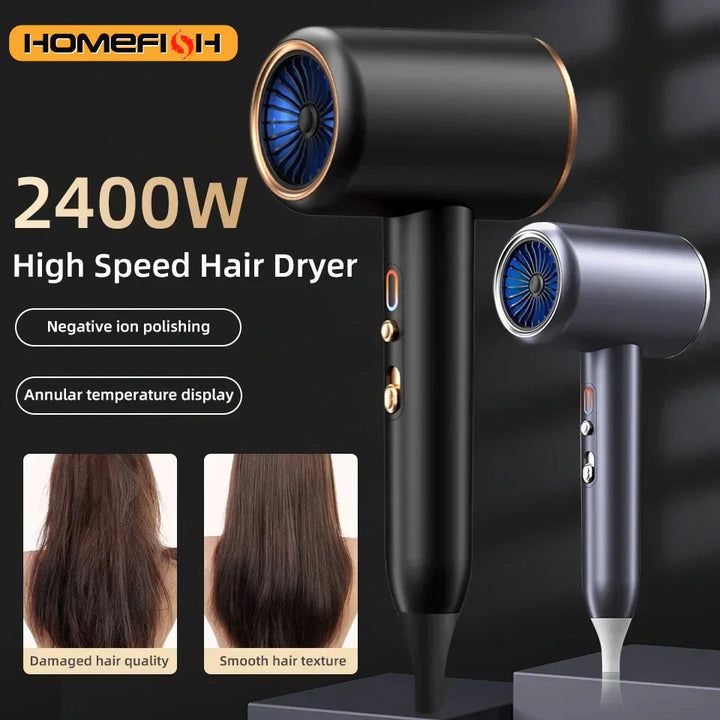 "Sèche-cheveux 2400W, design élégant, technologie ionique, air chaud et froid pour coiffage parfait"