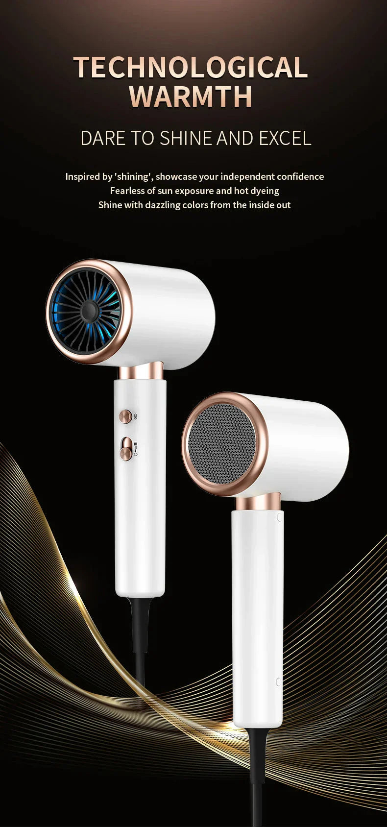 "Sèche-cheveux 2400W, design élégant, technologie ionique, air chaud et froid pour coiffage parfait"