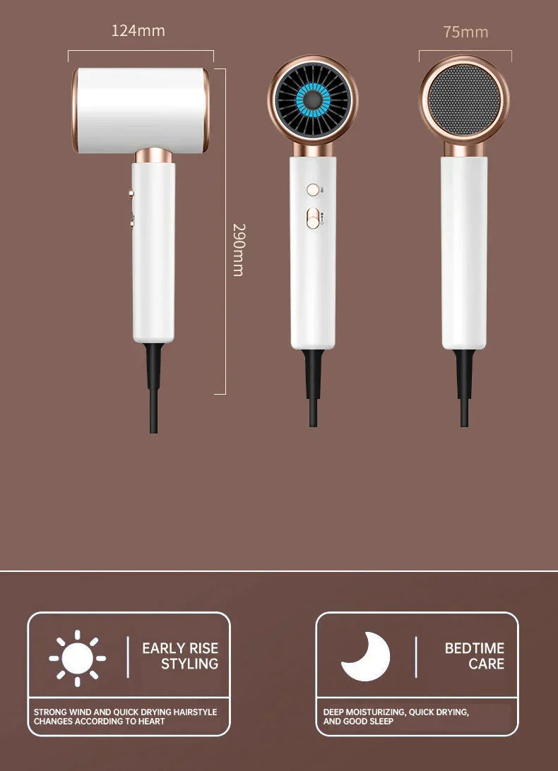 "Sèche-cheveux 2400W, design élégant, technologie ionique, air chaud et froid pour coiffage parfait"