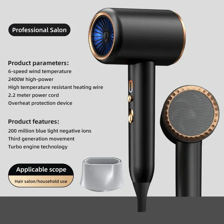 "Sèche-cheveux 2400W, design élégant, technologie ionique, air chaud et froid pour coiffage parfait"