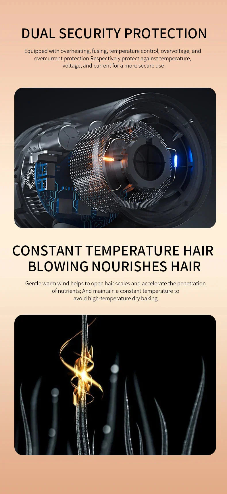 "Sèche-cheveux 2400W, design élégant, technologie ionique, air chaud et froid pour coiffage parfait"