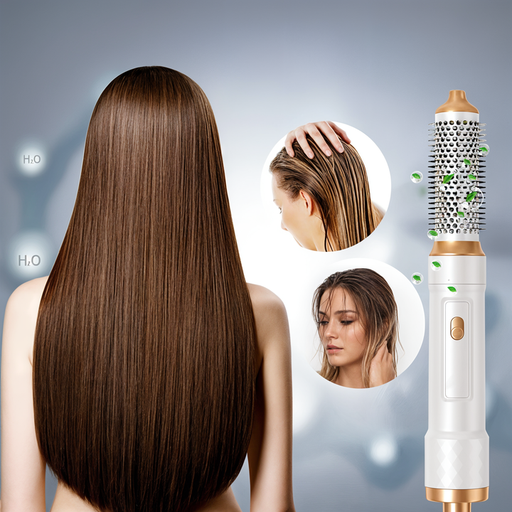 Sèche-cheveux 5 en 1 pour coiffure pro, embouts variés, cheveux lisses ou bouclés, design ergonomique, noir et or.