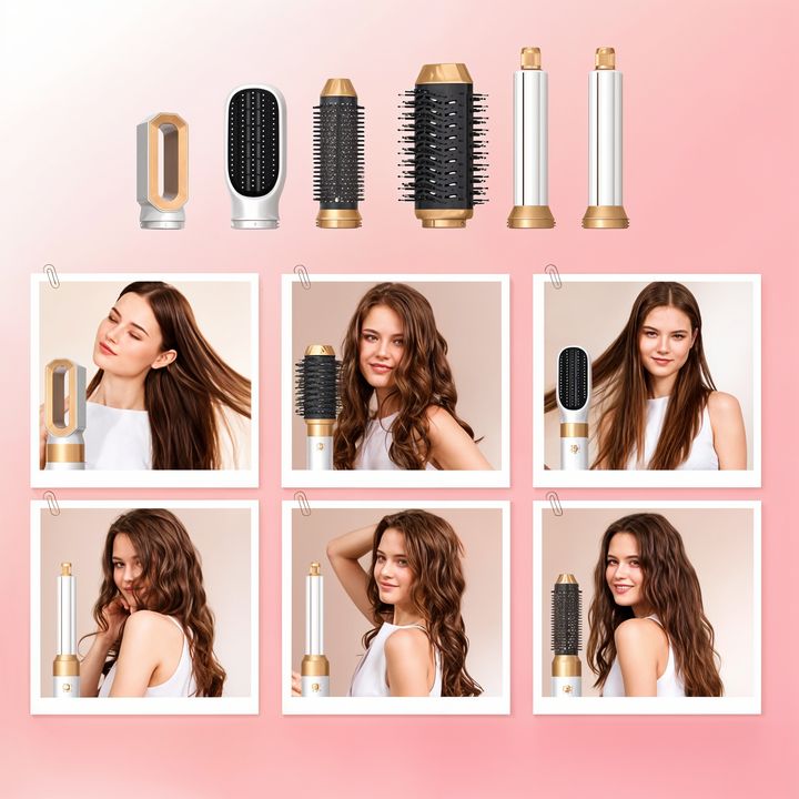 Sèche-cheveux 5 en 1 pour coiffure pro, embouts variés, cheveux lisses ou bouclés, design ergonomique, noir et or.