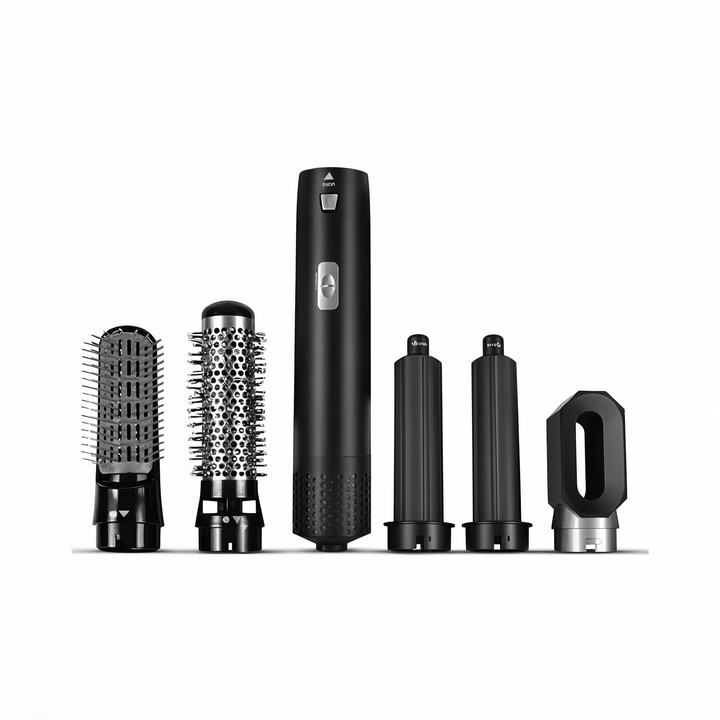 Sèche-cheveux 5 en 1 pour coiffure pro, embouts variés, cheveux lisses ou bouclés, design ergonomique, noir et or.