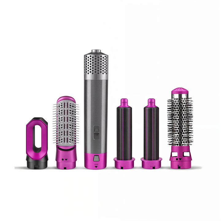 Sèche-cheveux 5 en 1 pour coiffure pro, embouts variés, cheveux lisses ou bouclés, design ergonomique, noir et or.