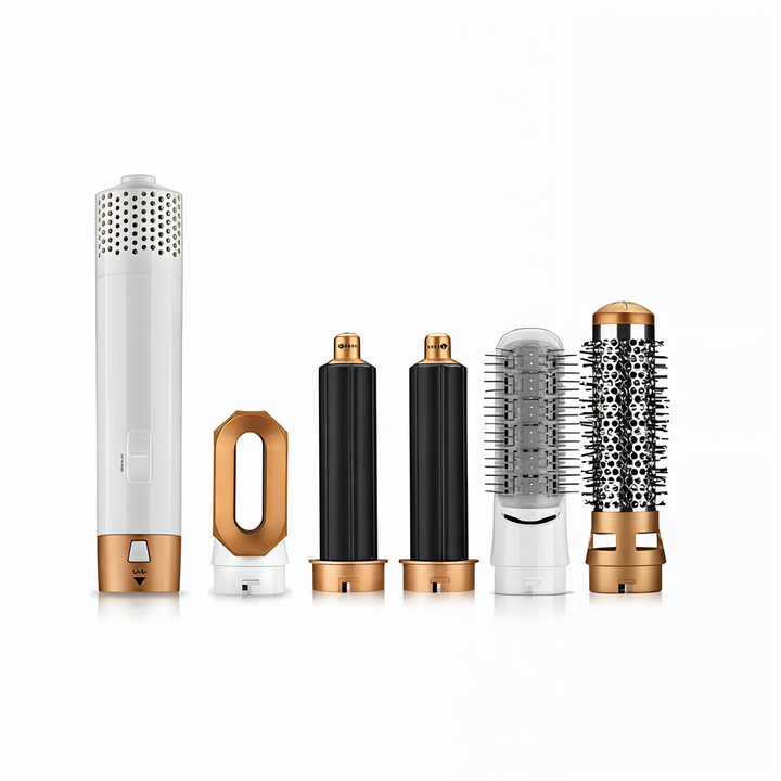 Sèche-cheveux 5 en 1 pour coiffure pro, embouts variés, cheveux lisses ou bouclés, design ergonomique, noir et or.