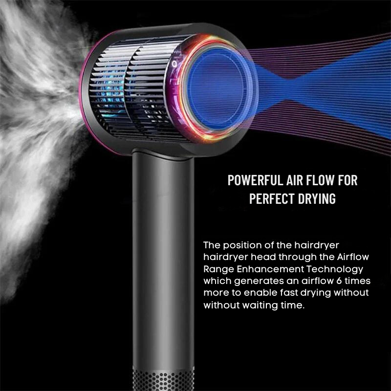 "Sèche-cheveux AirBlade Pro gris futuriste avec technologie avancée pour coiffure rapide et résultat professionnel à domicile