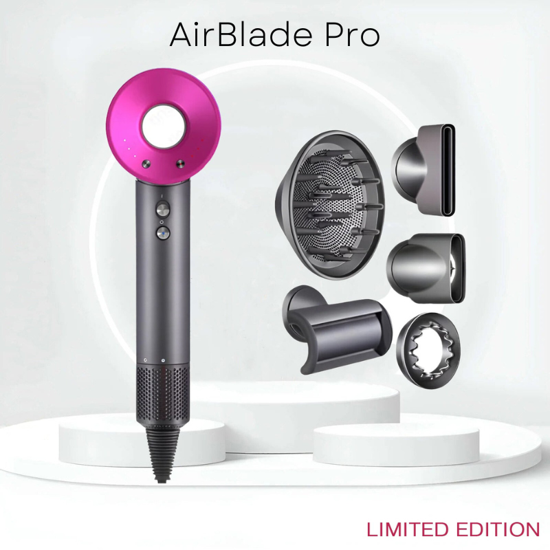 "Sèche-cheveux AirBlade Pro gris futuriste avec technologie avancée pour coiffure rapide et résultat professionnel à domicile