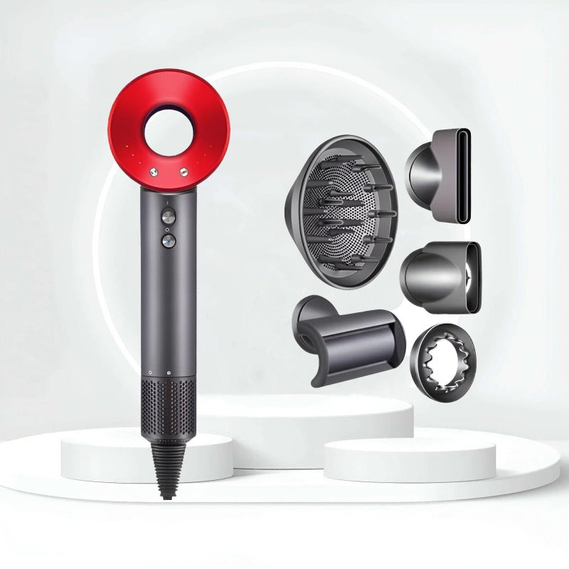 "Sèche-cheveux AirBlade Pro gris futuriste avec technologie avancée pour coiffure rapide et résultat professionnel à domicile