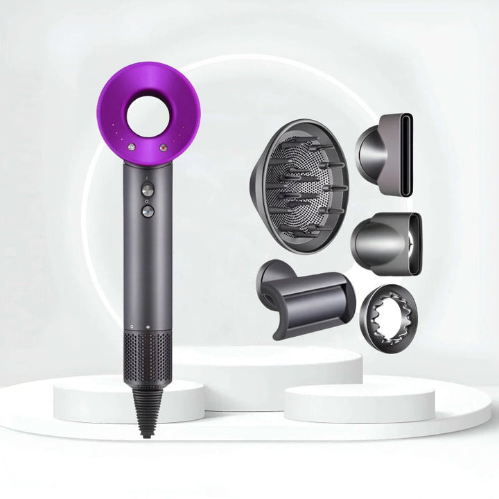 "Sèche-cheveux AirBlade Pro gris futuriste avec technologie avancée pour coiffure rapide et résultat professionnel à domicile