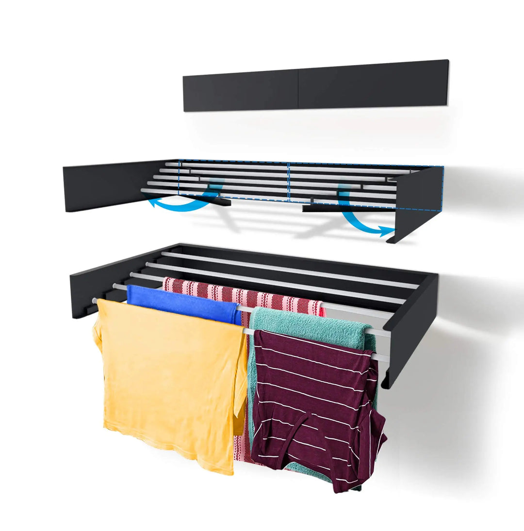 "Séchoir à linge mural pliable, blanc et noir, design moderne pour espaces réduits, intérieur/extérieur"