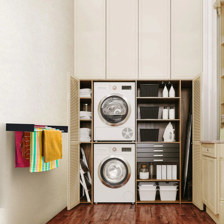 "Séchoir à linge mural pliable, blanc et noir, design moderne pour espaces réduits, intérieur/extérieur"