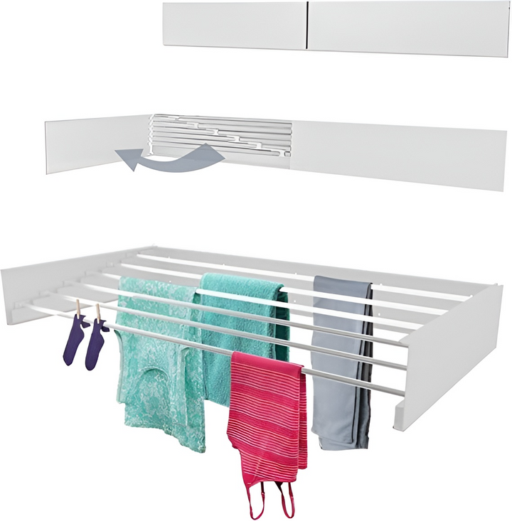 "Séchoir à linge mural pliable, blanc et noir, design moderne pour espaces réduits, intérieur/extérieur"